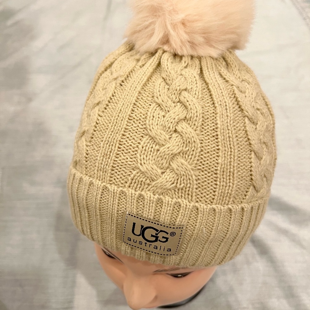 UGG Kids' Tan Cable Knit Beanie with Pom-Pom